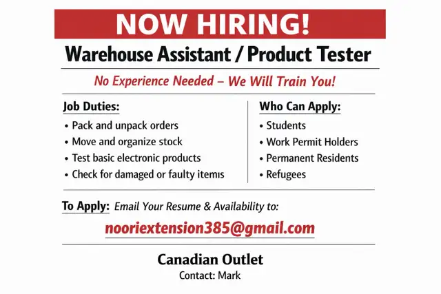 NOW HIRING – Warehouse Assistant / Product Tester