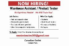 NOW HIRING – Warehouse Assistant / Product Tester