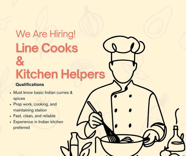 HIRING Indian Curry LINE COOK AND KITCHEN HELPER