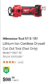 Milwaukee Tool M18 18V Lithium-Ion Cordless Drywall Cut Out
