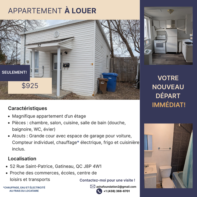 Appartement 3 et demi à Louer à Gatineau!