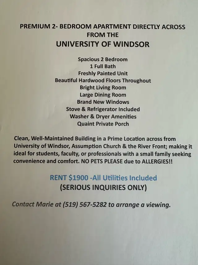 Premium Location-2 Bedroom near University of Windsor