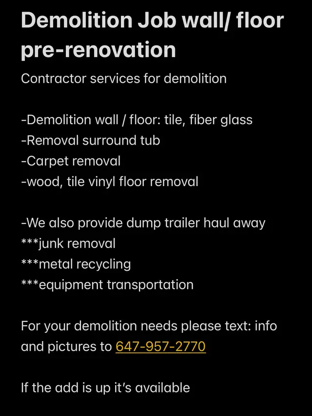 Demolition Job wall/ floor pre-renovation & Junk Removal 647-957 - Photo 2