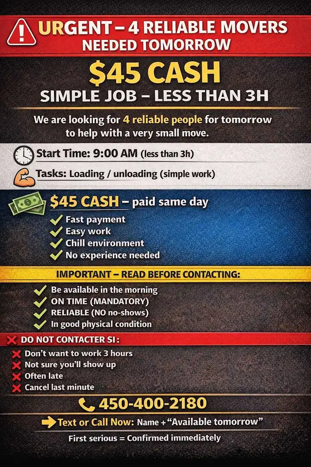URGENT – 4 RELIABLE MOVERS NEEDED (11th April) – CASH, LIMOGES