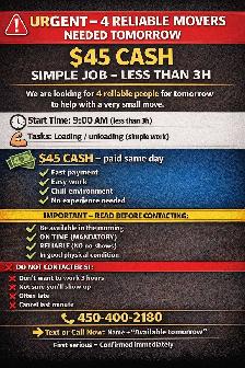 URGENT – 4 RELIABLE MOVERS NEEDED (11th April) – CASH, LIMOGES