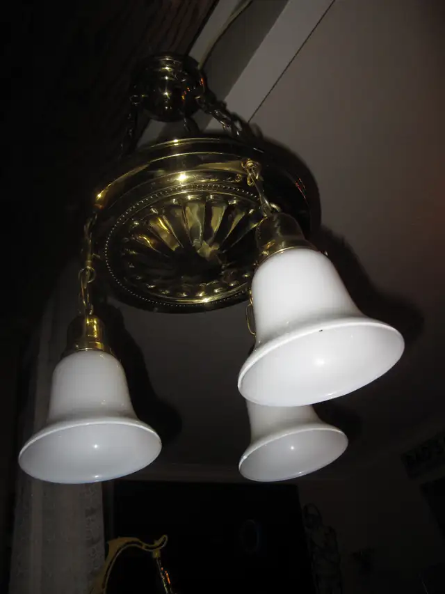 1940s 3 LIGHT BRASS PAN CEILING FIXTURE NEW SOCKETS & REWIRED - Photo 5