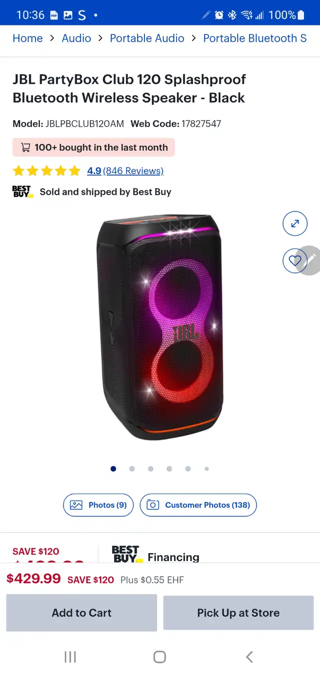 JBL PartyBox Club 120 Splashproof Bluetooth Wireless Speaker