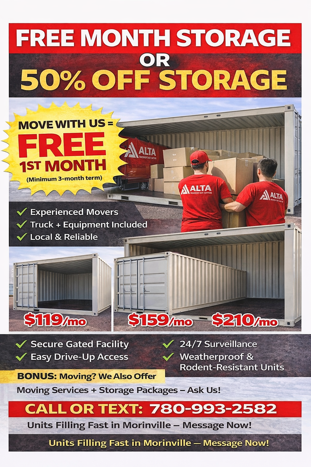 50% OFF SELF STORAGE & MOVING SERVICES– Morinville 8x10, 8x20