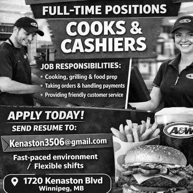 Hiring Full-Time Cooks & Cashiers – A&W (Winnipeg)