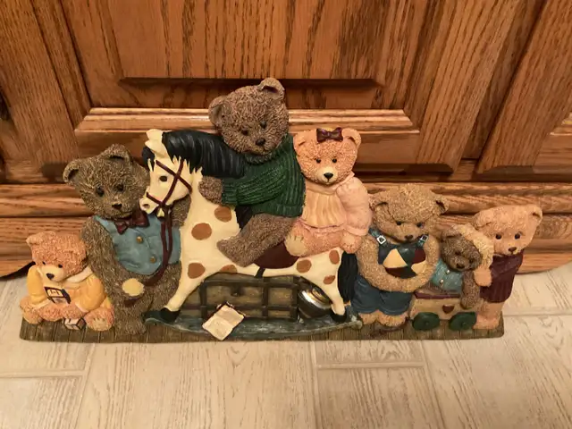 VINTAGE LARGE & HEAVY TEDDY BEAR ON ROCKING HORSE WALL  PLAQUE