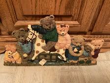 VINTAGE LARGE & HEAVY TEDDY BEAR ON ROCKING HORSE WALL  PLAQUE