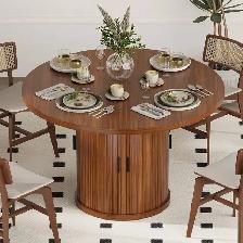 47’ Wooden Round Dining Table w/ Wood Strip Base & 2-Layer Stor