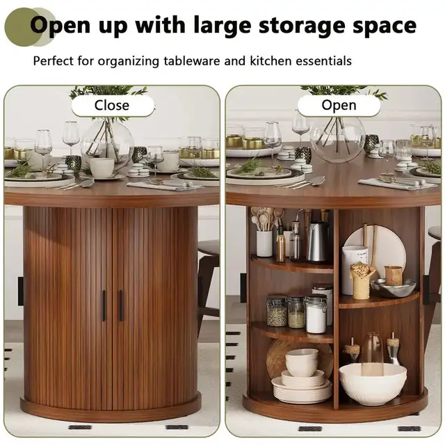 47’ Wooden Round Dining Table w/ Wood Strip Base & 2-Layer Stor - Photo 5