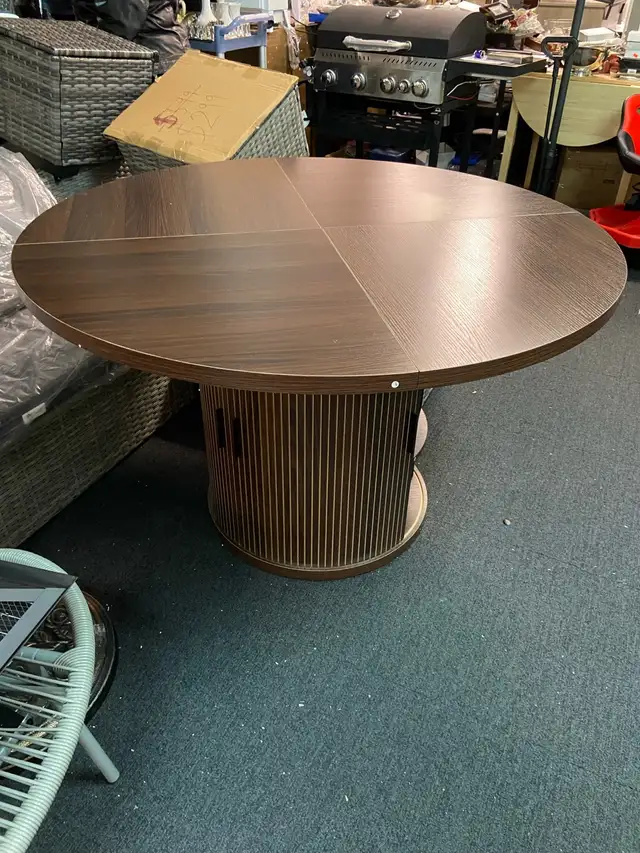 47’ Wooden Round Dining Table w/ Wood Strip Base & 2-Layer Stor - Photo 9