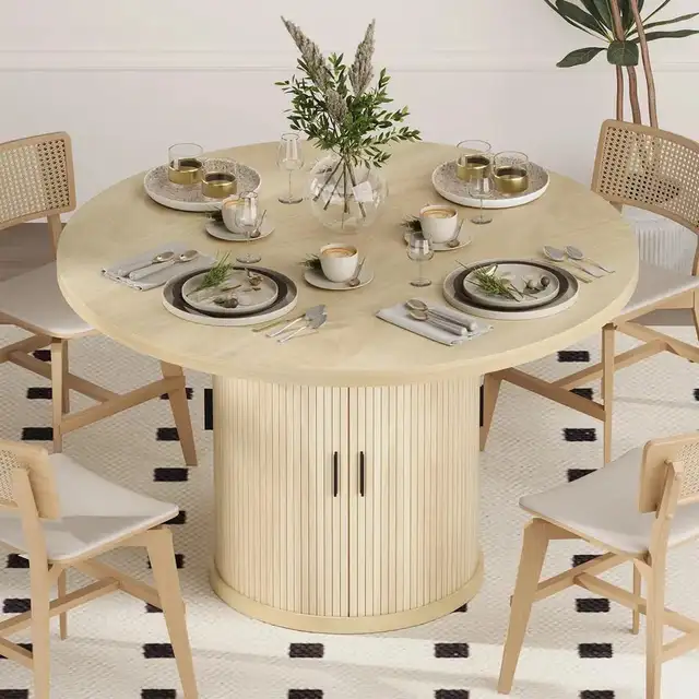 47’ Round Dining With 2-Layer Storage & Wood Strip Base