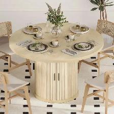 47’ Round Dining With 2-Layer Storage & Wood Strip Base