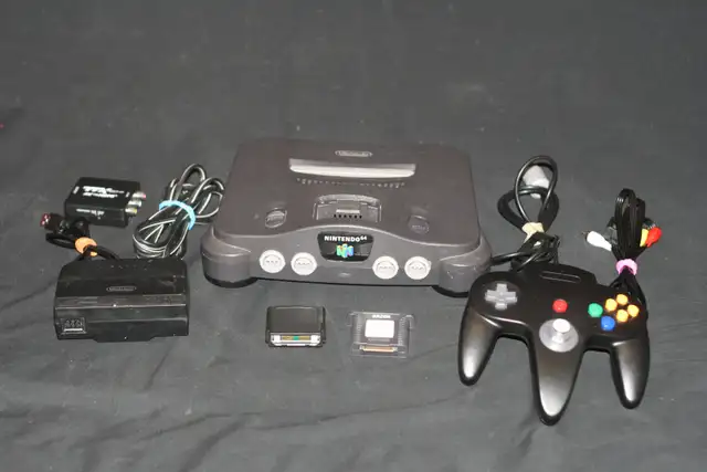NINTENDO 64 CONSOLE, CONTROLLER, A/C POWER, A/V CORDS, JUMP PACK
