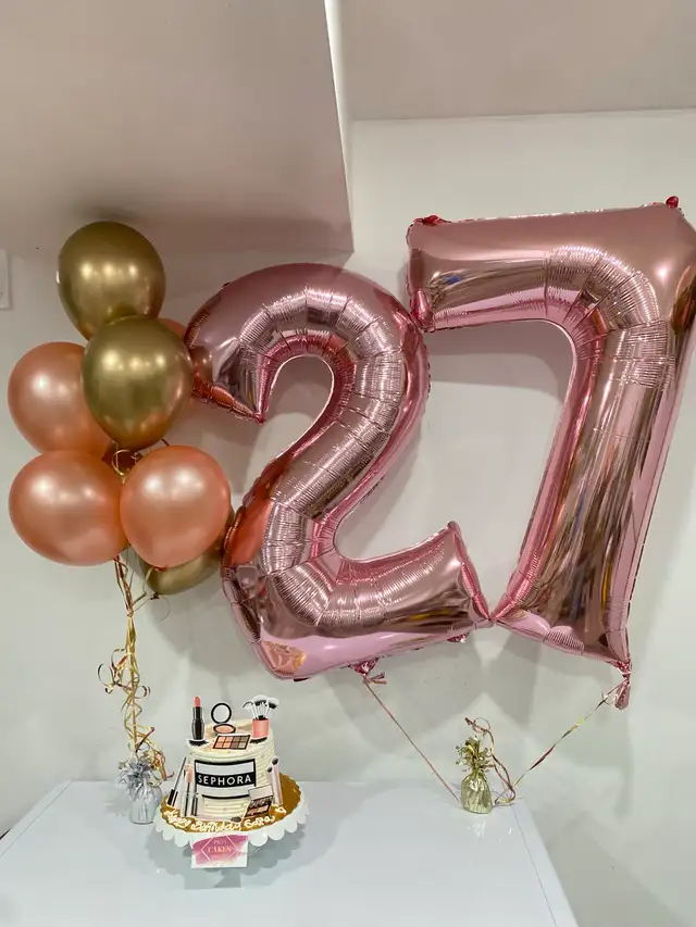 27th Birthday cake, balloons bouquet