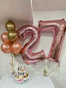 27th Birthday cake, balloons bouquet