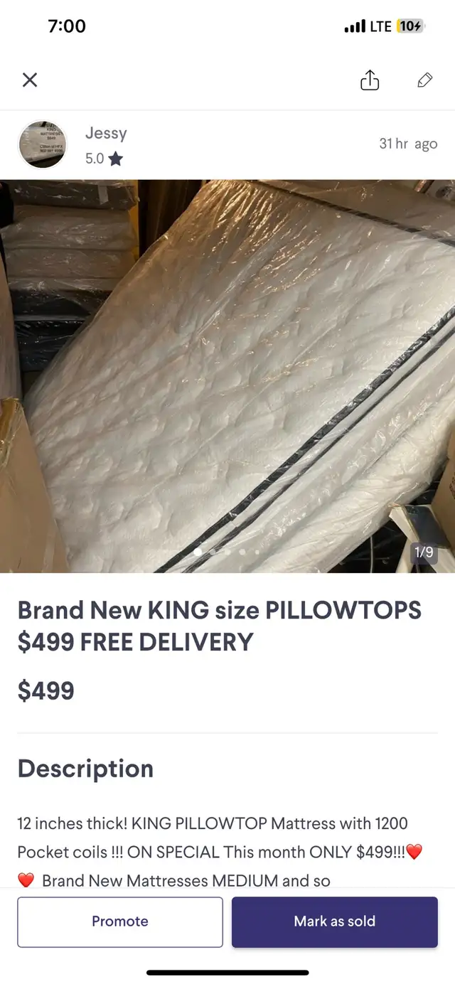 Brand New KING PILLOWTOP Mattresses $499 Platform $99