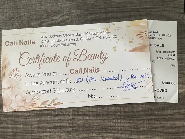 Nails gift certificate $100. $20 off.