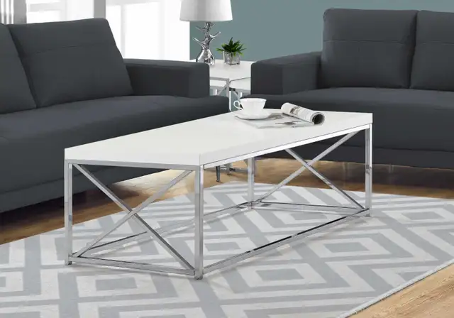 Glossy White Top Coffee Table with Chrome Metal for Only $199.