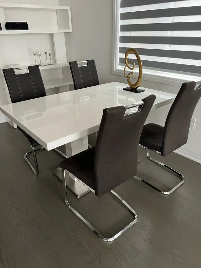 Extendable modern dining table and 8 chairs
