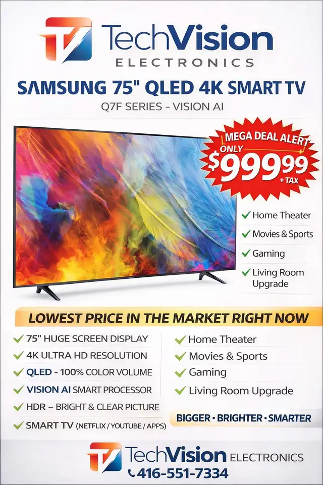SAMSUNG 75' Q7F SERIES 4K UHD HDR QLED SMART TV (QN75Q7FAA