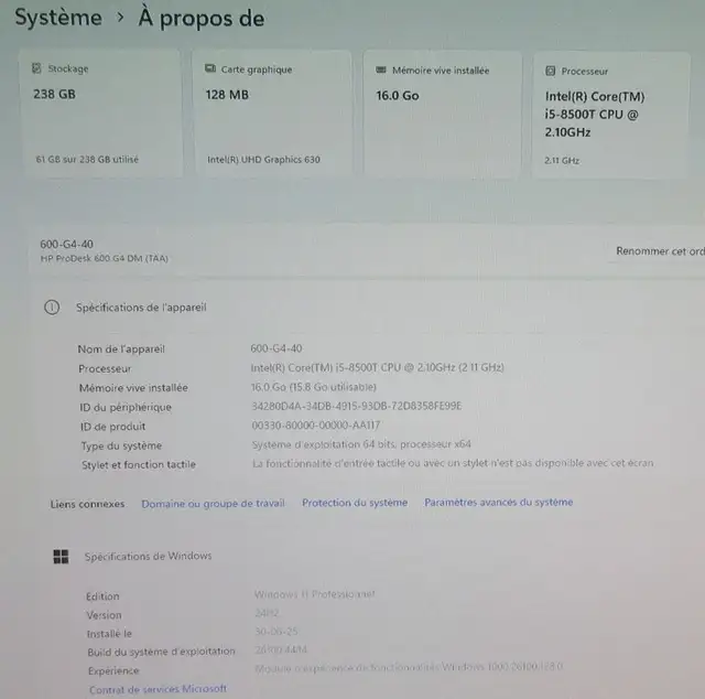 Ordi HP Prodesk 600G4 Core-i5-8500T 16Go SSD 256Go BT W11 Pro - Photo 4