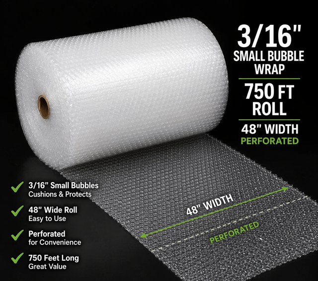 3/16 small bubble wrap 750ft roll 48' inch width perforated