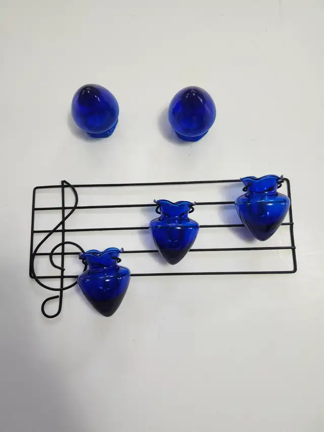 Vintage Cobalt Blue Glass Bulb Cups  on Musical Note Wall Hangin