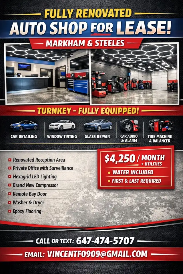 State of the Art Auto Shop for Lease – Fully Renovated