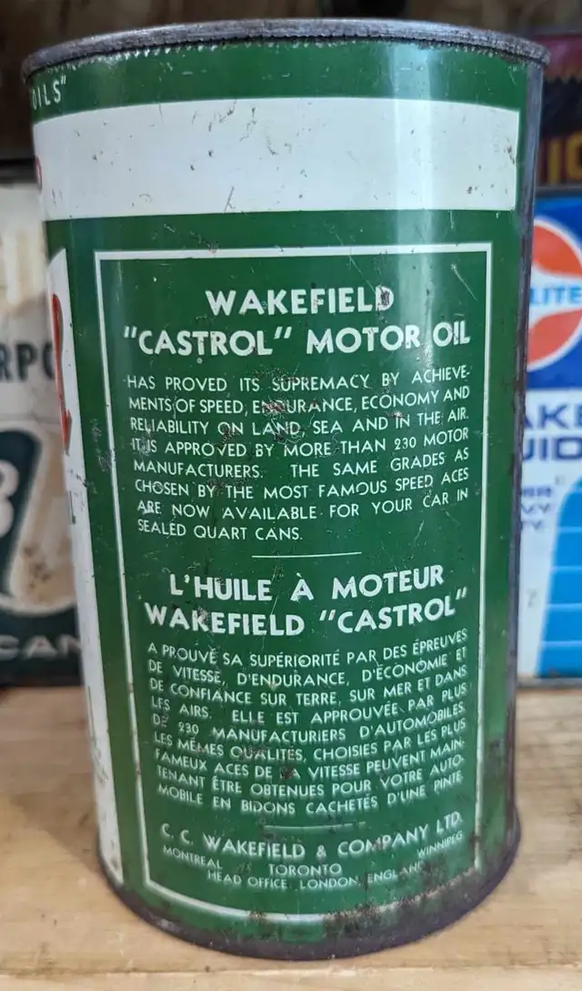 VINTAGE 1930's CASTROL WAKEFIELD MOTOR OIL IMPERIAL QUART CAN - Photo 4