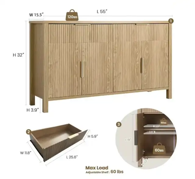 Brand New 55" Oak Chest of Drawers with 4 doors Sideboard $199 - Photo 3