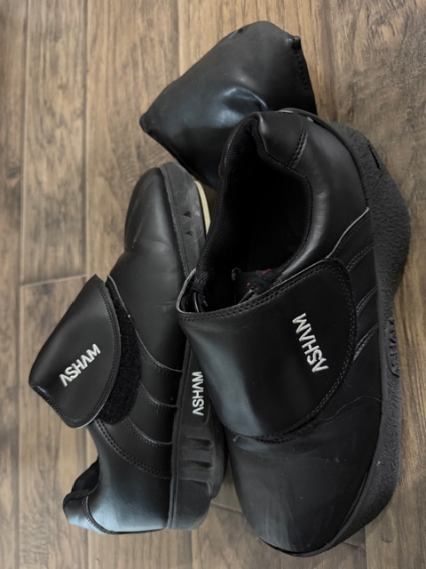 CURLING SUPPLIES FOR SALE - 2 brooms, leather knee pad, sliders,