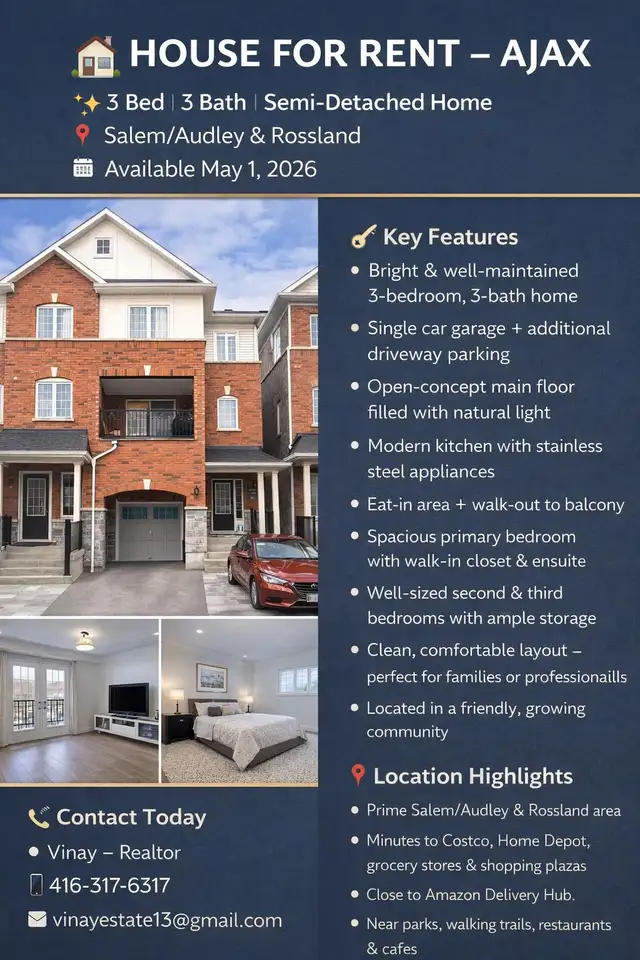 Beautiful Semi-Detached House for Rent in Ajax | 3 Parking