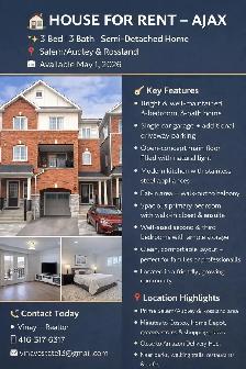 Beautiful Semi-Detached House for Rent in Ajax | 3 Parking
