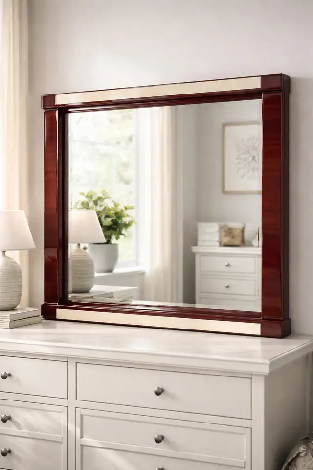 Modern Cherry Wood Framed Wall Mirror – Large Decorative Accent