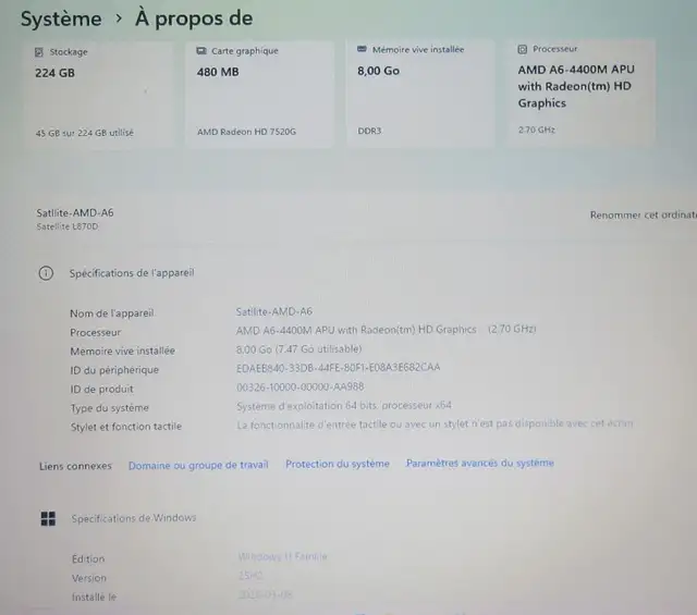 Portable Toshiba Satellite AMD A6-4400M 8Go SSD 256Go W11 Fam. - Photo 5
