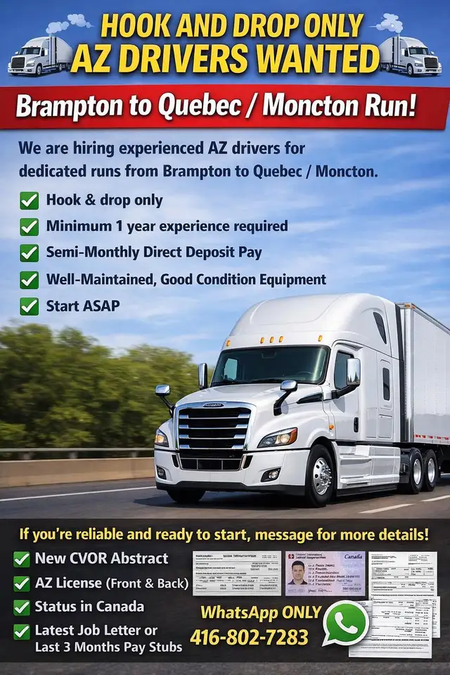 Experienced AZ Drivers wanted - Brampton to Quebec