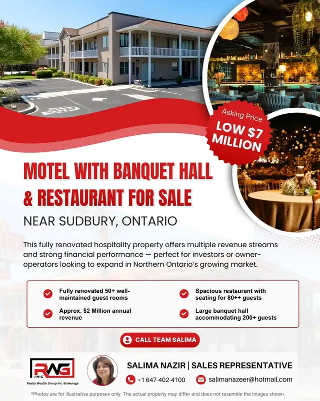 Motel for Sale 1 hr from Sudbury, with Banquet hall