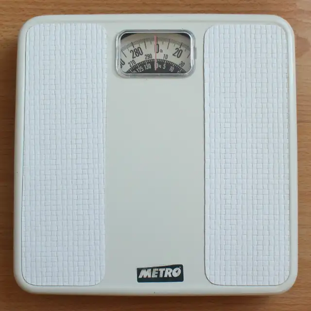 Mechanical weighing scale, no battery required.
