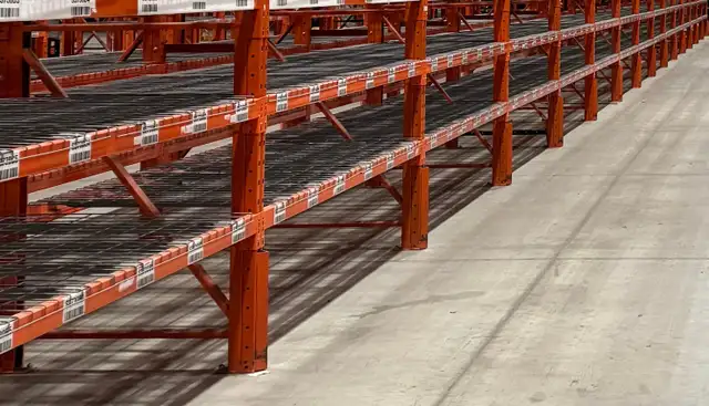 Used 8’ long x 3" thick RediRack pallet racking beams available