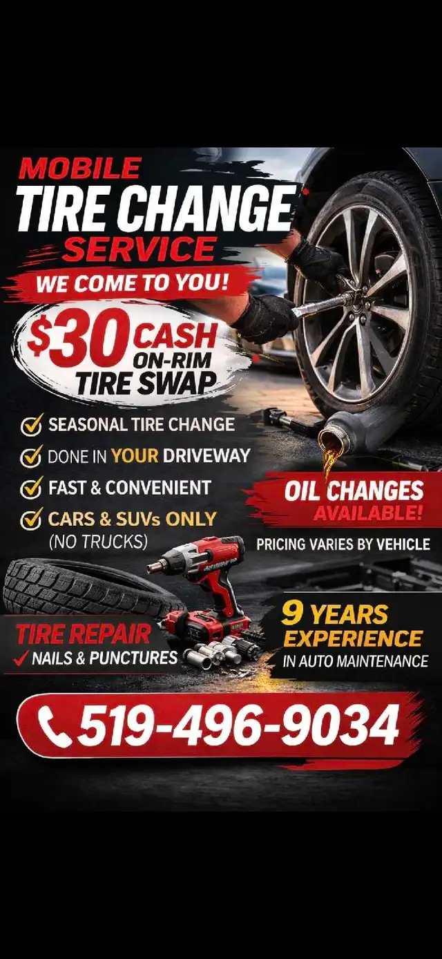 Mobile Tire Change & Oil Change  $30(On-Rim Tire Swap)