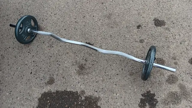 E-Z CURL CAST IRON WEIGHT BAR WITH 2 10LB CAST IRON PLATES