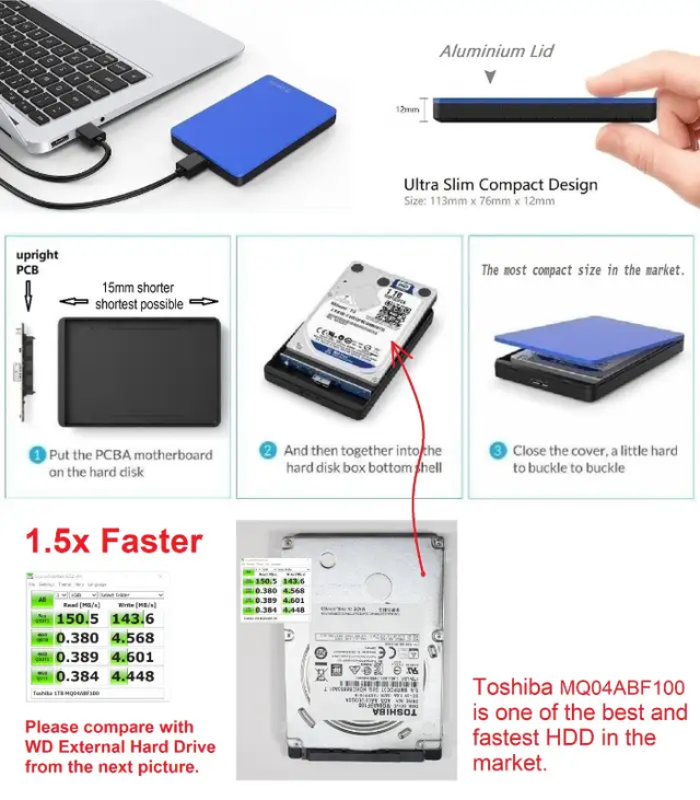 1TB External Hard Drive USB3 / Laptop SSD HDD Enclosure - Photo 5