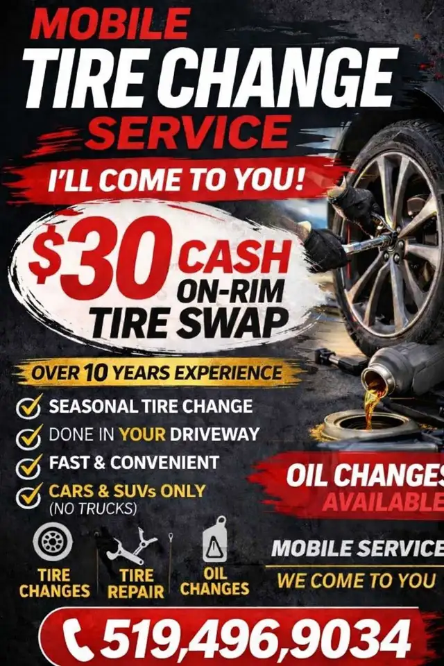 $30 ON-RIM TIRE CHANGE - I COME TO YOU AT YOUR CONVENIENCE!