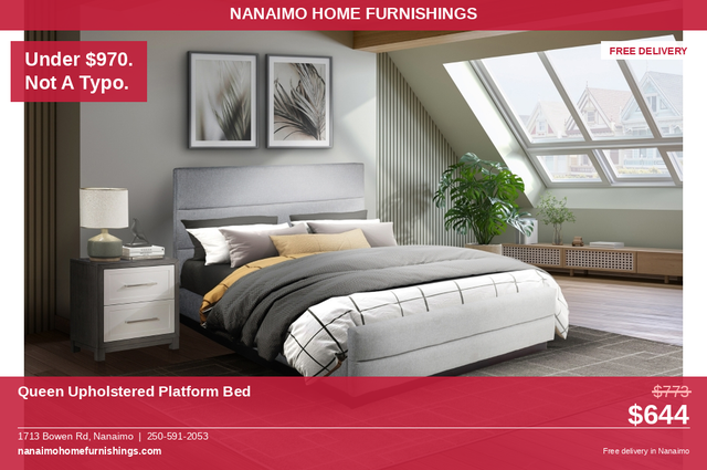 Queen Upholstered Platform Bed Under $650 — Free Delivery Nanaim