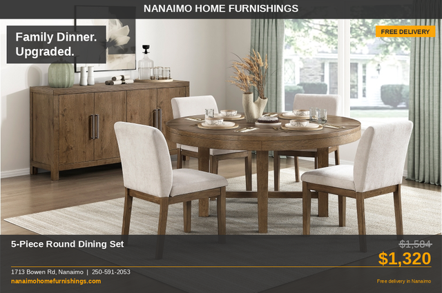 5-Piece Round Dining Set Solid Wood — Free Delivery Nanaimo