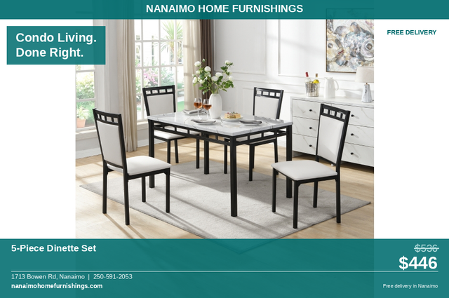 5-Piece Dinette Set White Faux Marble — Condo Perfect — Free Del